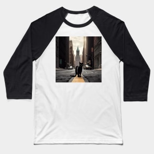 Digital art, Black Cat walking down a street in the city Sticker Baseball T-Shirt